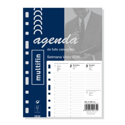Finocam Recambio Anual 2026 para Agenda en Catalan - Multiusos - Formato 3002 - 155x6x215mm - Semana Vista en Vertical - Color Blanco