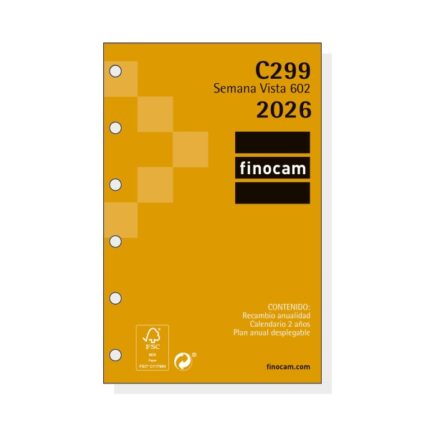 Finocam C299 Recambio para Agendas Classic - Anual 2026 - Hojas Microperforadas - Formato 602 - 73x6x114mm - Semana Vista Horizontal - Color Blanco