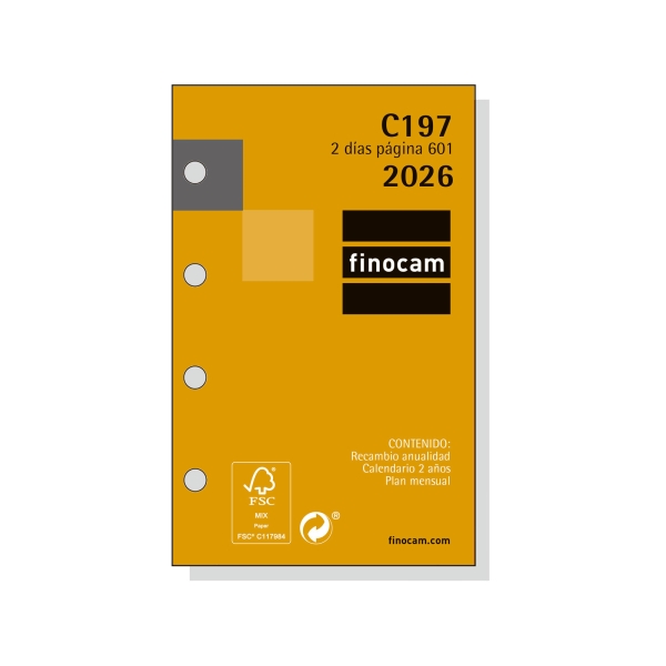 Finocam C197 Recambio para Agendas Classic - Anual 2026 - Hojas Microperforadas - Formato 601 - 56x10x89mm - 2 Dias por Pagina - Color Blanco
