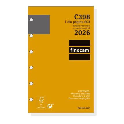 Finocam C398 Recambio para Agendas Classic - Anual 2026 - Hojas Microperforadas - Formato 603 - 79x18x127mm - 1 Dia por Pagina - Color Blanco