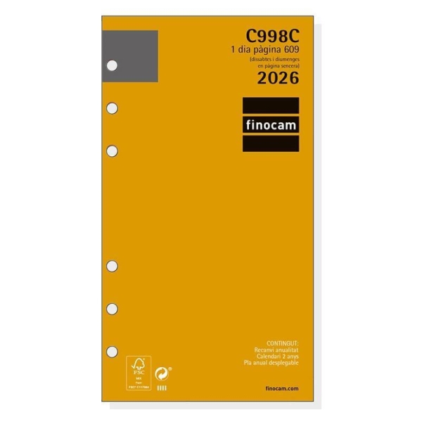 Finocam C998C Recambio para Agendas Classic en Catalan - Anual 2026 - Esquinas Microperforadas - Formato 609 - 94x18x171mm - 1 Dia por Pagina - Color Blanco