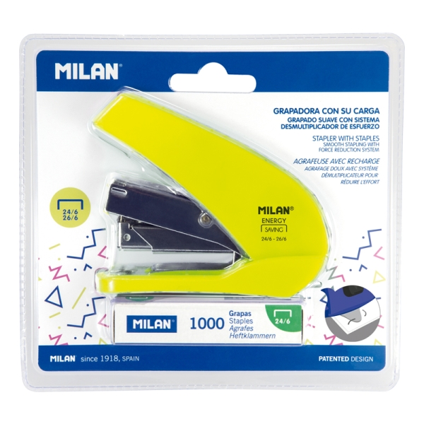 Milan Acid Energy Saving Grapadora Compacta - 1000 Grapas Incluidas - hasta 20 Hojas - Grapas 24/6 y 26/6 - Color Amarillo Milan Acid Energy Saving Grapadora Compacta - 1000 Grapas Incluidas - hasta 20 Hojas - Grapas 24/6 y 26/6 - Color Amarillo