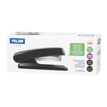 Milan Grapadora Metalica - Cuerpo de Plastico - hasta 20 Hojas - Base 12.5cm - Grapas 24/6 y 26/6 - Color Negro