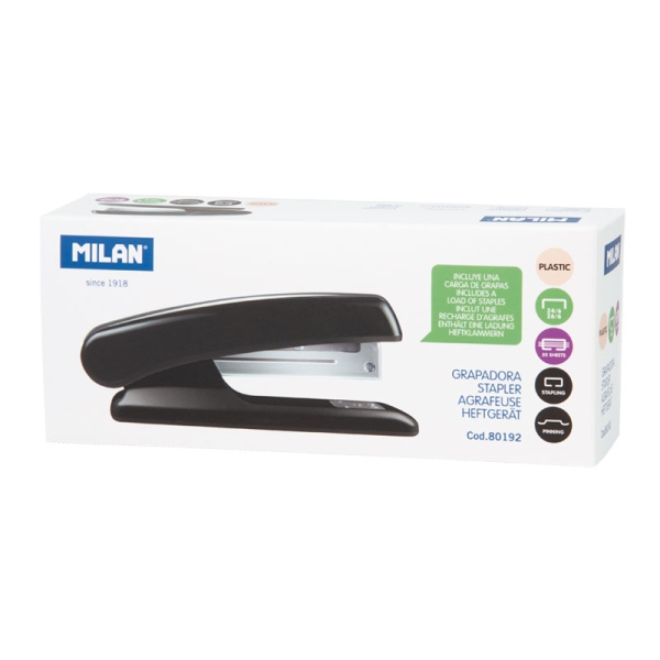 Milan Grapadora Metalica - Cuerpo de Plastico - hasta 20 Hojas - Base 12.5cm - Grapas 24/6 y 26/6 - Color Negro