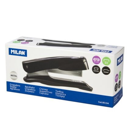 Milan Grapadora Metalica - Cuerpo de Plastico - hasta 20 Hojas - Base 14.5cm - Grapas 24/6 y 26/6 - Color Negro