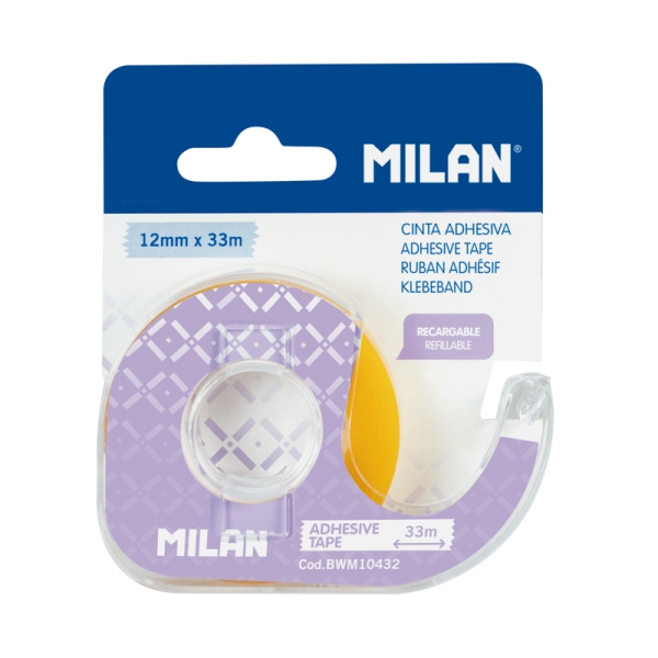 Milan Portarrollos con Cinta Adhesiva - Cinta Amarillo Transparente - Hoja de Corte Metalica - 12mm x 33m - Color Lila
