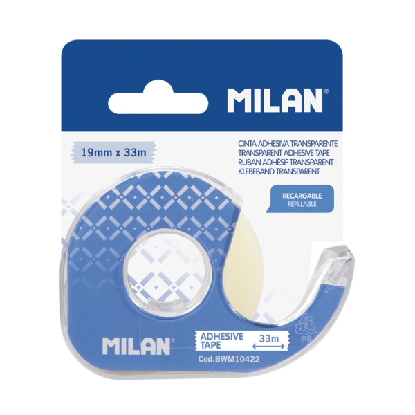 Milan Portarrollos con Cinta Adhesiva - Cinta Transparente Brillante - Hoja de Corte Metalica - 19mm x 33m - Color Azul Milan Portarrollos con Cinta Adhesiva - Cinta Transparente Brillante - Hoja de Corte Metalica - 19mm x 33m - Color Azul