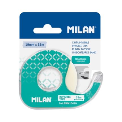 Milan Portarrollos con Cinta Adhesiva - Cinta Transparente Mate - Hoja de Corte Metalica - 19mm x 33m - Color Verde