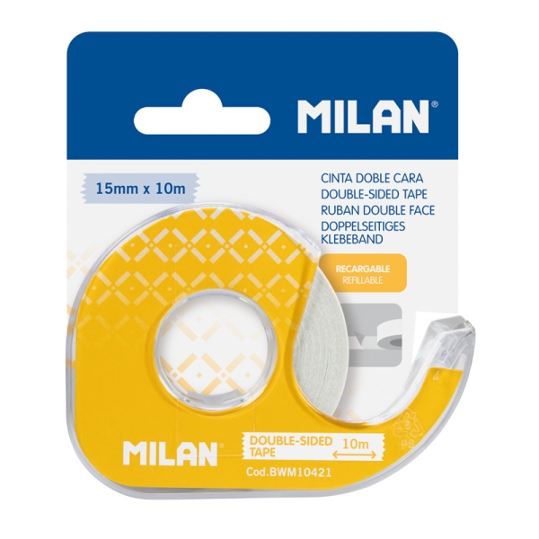 Milan Portarrollos con Cinta Adhesiva de Doble Cara - Hoja de Corte Metalica - 15mm x 10m - Color Amarillo
