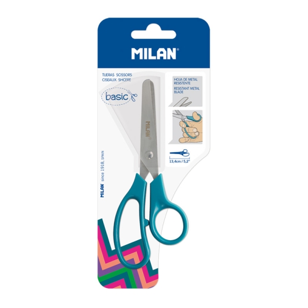 Milan Basic Blister de Tijeras Escolares Basic Verde Azulado - Mango Ergonomico - Punta Redondeada - Acero Inoxidable de 13.4cm - Color Verde