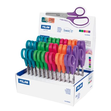 Milan Basic Expositor con 24 Tijeras Basic - Mango Ergonomico - Punta Redondeada - Acero Inoxidable de 13.4cm - Colores Surtidos