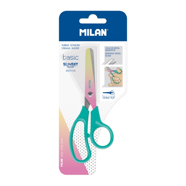 Milan Basic Sunset Tijeras de 13.4cm - Mango Ergonomico - Punta Redondeada - Hoja de Acero Inoxidable - Color Turquesa Milan Basic Sunset Tijeras de 13.4cm - Mango Ergonomico - Punta Redondeada - Hoja de Acero Inoxidable - Color Turquesa