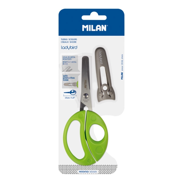 Milan Ladybird Tijeras con Funda - Mango Ergonomico - Punta Redondeada - Acero Inoxidable de 15cm - Color Verde