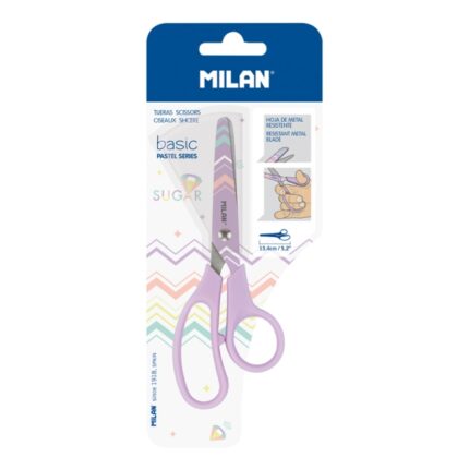 Milan Pastel Tijeras de 13.4cm - Mango Ergonomico - Punta Redondeada - Hoja de Acero Inoxidable - Color Lila Pastel