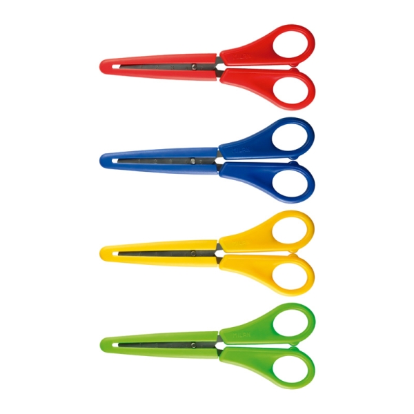 Milan Tijeras con Funda - Regla Integrada de 5cm - Punta Redondeada - Acero Inoxidable de 14.7cm - Colores Surtidos