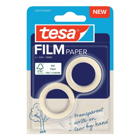 Tesa Paper Pack: confezione da 2 nastri adesivi in carta da 19 mm x 10 metri - Quasi invisibile su superfici di colore chiaro - Tagliabile a mano e su cui è possibile scrivere - Carta certificata FSC®