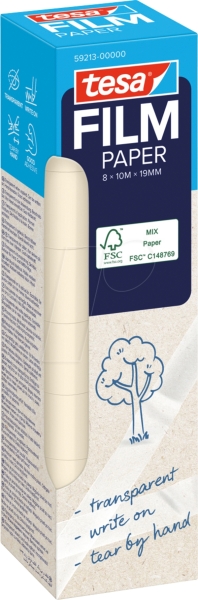 Confezione Tesa Paper Pack da 8 nastri adesivi in carta da 19 mm x 10 metri - Quasi invisibili su superfici di colore chiaro - Si possono tagliare a mano e si può scrivere sopra - Carta certificata FSC®