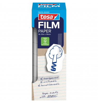 Tesa Paper Pack da 8 nastri adesivi in carta da 19 mm x 33 metri - Quasi invisibili su superfici di colore chiaro - Si possono tagliare a mano e si può scrivere sopra - Carta certificata FSC®