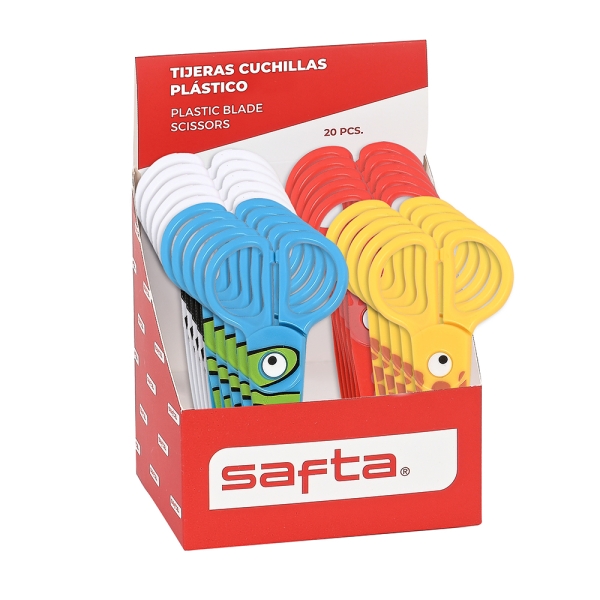 Safta Expositor con 20 Tijeras de 12cm - Asas Ergonomicas - Plastico Resistente - Punta Redonda Segura - Colores Surtidos