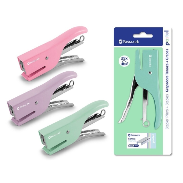 Bismark Grapadora de Tenaza + 1000 Grapas 24/6 - Capacidad de Grapado 25 Hojas - Diseño Ergonomico - Alta Durabilidad - Colores Pastel Surtidos