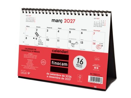 Finocam Neutro Calendario de Sobremesa en Catalan - 16 Meses - Mes Vista - Formato S - 210x150mm - Espiral Doble Metalica - Papel de 120g/m2 - Listado de Festivos - Color Rojo/Blanco