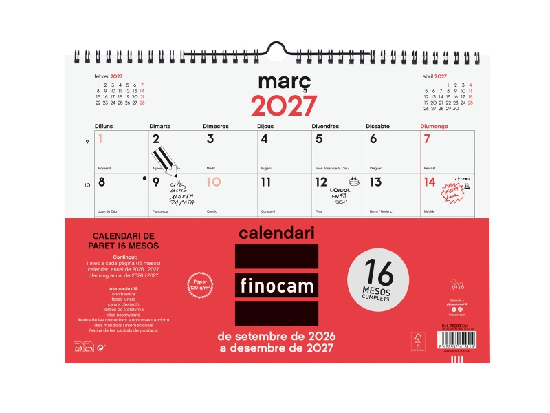 Finocam Neutro Calendario de Pared en Catalan - 16 Meses - Mes Vista - Formato L - 340x240mm - Espiral Doble Metalica - Papel de 120g/m2 - Listado de Festivos - Color Rojo/Blanco