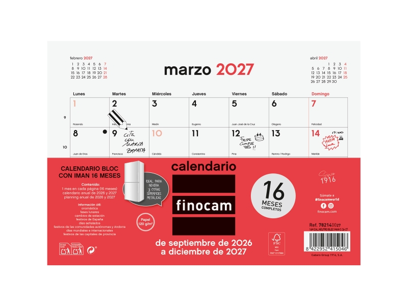 Finocam Neutro Bloc Calendario con Iman - 16 Meses - Mes Vista - Formato S - 210x150mm - Listado de Festivos - Papel de 120g/m2 - Listado de Festivos - Color Rojo/Blanco Finocam Neutro Bloc Calendario con Iman - 16 Meses - Mes Vista - Formato S - 210x150mm - Listado de Festivos - Papel de 120g/m2 - Listado de Festivos - Color Rojo/Blanco