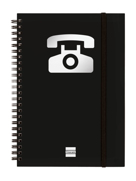 Finocam Phone Indice Telefonico - Formato A5 - 148x210mm - Tapas de Carton Forrado - Papel de 120g/m2 - Cierre con Goma Elastica - Espiral Doble Metalica - Color Negro