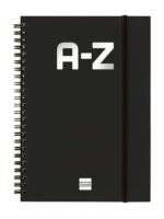 Finocam A-Z Indice Alfabetico - Formato A5 - 148x210mm - Tapas de Carton Forrado - Papel de 80g/m2 - Cierre con Goma Elastica - Espiral Doble Metalica - Color Negro