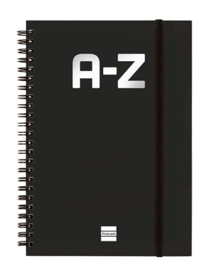 Finocam A-Z Indice Alfabetico - Formato A5 - 148x210mm - Tapas de Carton Forrado - Papel de 80g/m2 - Cierre con Goma Elastica - Espiral Doble Metalica - Color Negro