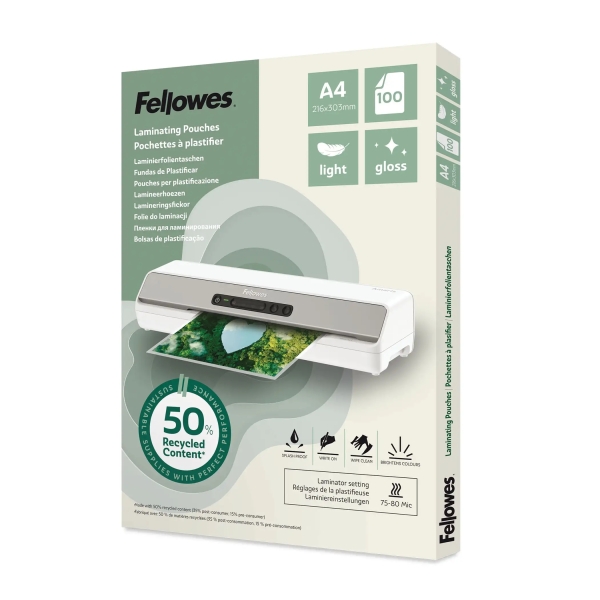 Fellowes Pack de 100 Fundas para Plastificar - Formato A4 - 80 micras - Efecto Brillo - Fabricado con 50% Material Reciclado - Transparente Fellowes Pack de 100 Fundas para Plastificar - Formato A4 - 80 micras - Efecto Brillo - Fabricado con 50% Material Reciclado - Transparente