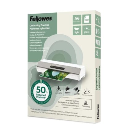 Fellowes Pack de 100 Fundas para Plastificar - Formato A6 - 80 micras - Efecto Brillo - Fabricado con 50% Material Reciclado - Transparente