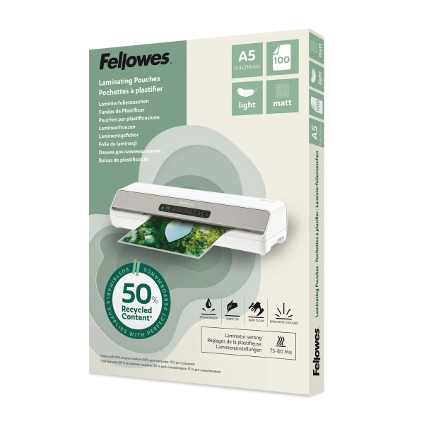 Fellowes Pack de 100 Fundas para Plastificar - Formato A5 - 80 micras - Efecto Mate - Fabricado con 50% Material Reciclado - Transparente Fellowes Pack de 100 Fundas para Plastificar - Formato A5 - 80 micras - Efecto Mate - Fabricado con 50% Material Reciclado - Transparente