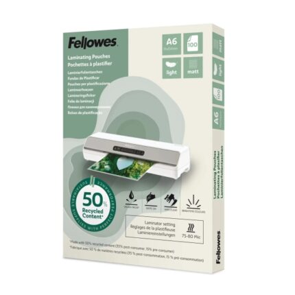 Fellowes Pack de 100 Fundas para Plastificar - Formato A6 - 80 micras - Efecto Mate - Fabricado con 50% Material Reciclado - Transparente