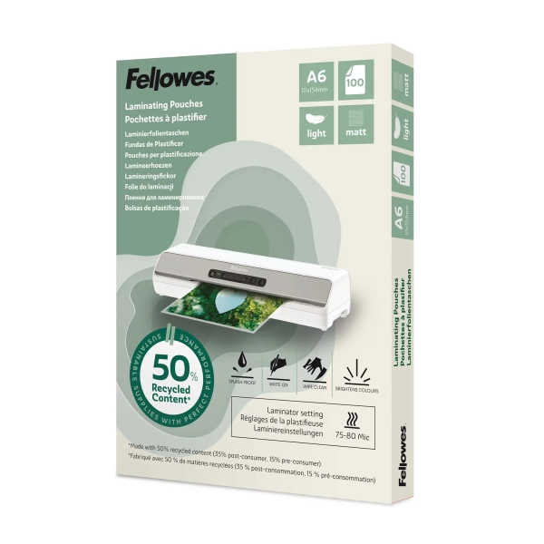 Fellowes Pack de 100 Fundas para Plastificar - Formato A6 - 80 micras - Efecto Mate - Fabricado con 50% Material Reciclado - Transparente Fellowes Pack de 100 Fundas para Plastificar - Formato A6 - 80 micras - Efecto Mate - Fabricado con 50% Material Reciclado - Transparente