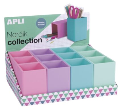 Apli Nordik Expositor de 12 Portalapices Silicona Cuadrados - Medidas 70x70x95mm - Colores Surtidos