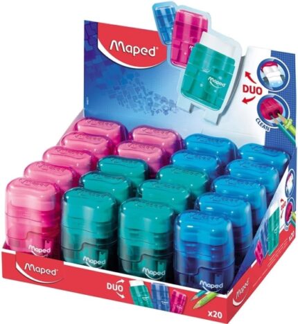 Maped Connect Duo Afilaborra de 2 Orificio con Goma de Borrar - Deposito de Gran Capacidad - Forma Ergonomica - Cuerpo Translucido de Colores Surtidos