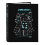 Safta Minecraft Screen Carpeta de 4 Anillas de 25mm - Formato Folio - Tapas Duras Forradas - 26.5x33x4cm - Color Negro