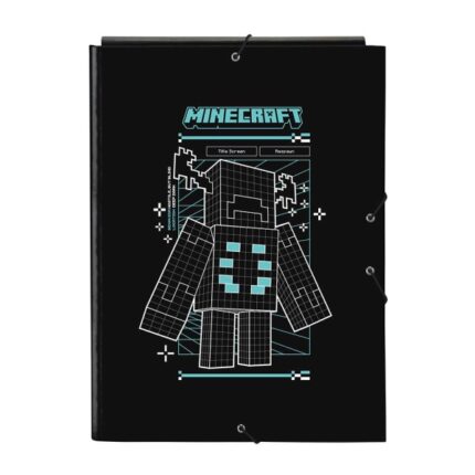 Safta Minecraft Screen Carpeta de 3 Solapas - Formato Folio - Cierre con Gomas Elasticas - Tapas Duras Forradas - 26x33.5x2.5cm - Color Negro