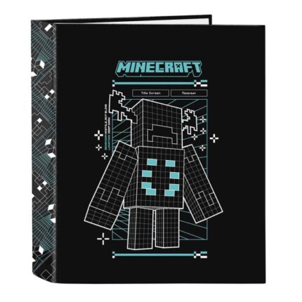 Safta Minecraft Screen Carpeta de 4 Anillas de 40mm - Formato Folio - Tapas Duras Forradas - Lomo Ancho - 27x33x6cm - Color Negro
