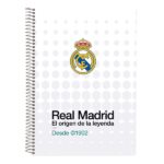 Safta Real Madrid Equipacion 26/27 Libreta con Espiral - Formato Cuarto - 80 Hojas de 80g/m2 - Cuadricula 4x4mm - Tapas Duras Glasofonadas - 15.5x22x1cm - Color Blanco
