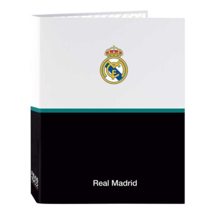 Safta Real Madrid Equipacion 26/27 Carpeta de 4 Anillas de 25mm - Formato Folio - Tapas Duras Forradas - 26.5x33x4cm - Color Blanco y Negro