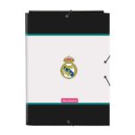 Safta Real Madrid Equipacion 26/27 Carpeta de 3 Solapas - Formato Folio - Cierre con Gomas Elasticas - Tapas Duras Forradas - 26x33.5x2.5cm - Color Blanco y Negro
