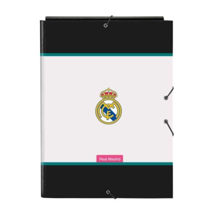 Safta Real Madrid Equipacion 26/27 Carpeta de 3 Solapas - Formato Folio - Cierre con Gomas Elasticas - Tapas Duras Forradas - 26x33.5x2.5cm - Color Blanco y Negro