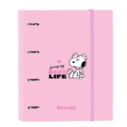 Safta Snoopy Carpeta de 4 Anillas de 35mm - Recambio de 100 Hojas A4 - Cuadricula de 5x5mm - 80g/m2 - Separadores Internos - Goma Elastica - 27x32x3.5cm - Color Rosa