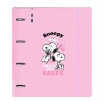 Safta Snoopy Carpeta de 4 Anillas de 35mm - Recambio de 100 Hojas A4 - Cuadricula de 5x5mm - 90g/m2 - Solapa Portadocumentos - Goma Elastica - 27x32x4cm - Color Rosa