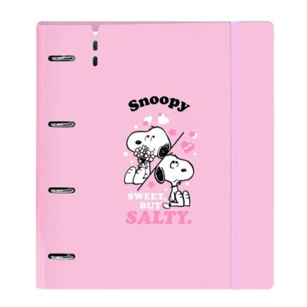 Safta Snoopy Carpeta de 4 Anillas de 35mm - Recambio de 100 Hojas A4 - Cuadricula de 5x5mm - 90g/m2 - Solapa Portadocumentos - Goma Elastica - 27x32x4cm - Color Rosa