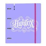 Safta K-Pop Demon Hunters Carpeta de 4 Anillas de 35mm - Recambio de 100 Hojas A4 - Cuadricula de 5x5mm - 90g/m2 - Separadores Internos - Goma Elastica - 27x32x4cm - Color Lavanda