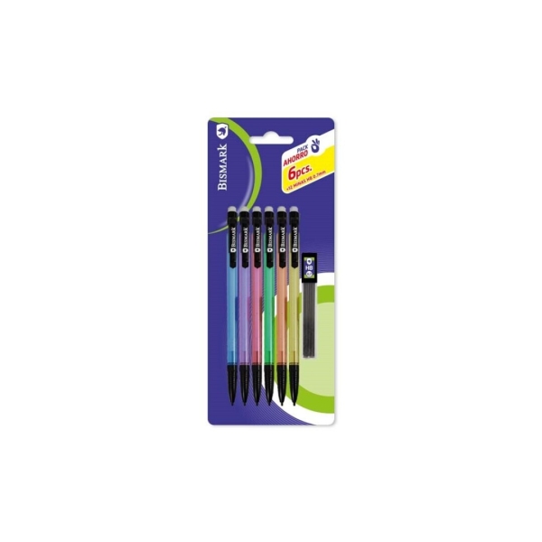 Bismark Pack con 6 Portaminas 0.7mm HB con Goma + 1 Cajita de Minas - Punta Retractil - Cuerpos de Colores Surtidos Bismark Pack con 6 Portaminas 0.7mm HB con Goma + 1 Cajita de Minas - Punta Retractil - Cuerpos de Colores Surtidos