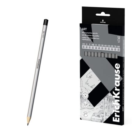 ErichKrause Art Pack de 12 Lapices de Grafito - Durezas Surtidas 2H-8B - Cuerpo Hexagonal - Pegado Completo de la Mina - Facil Afilado - Color Plata
